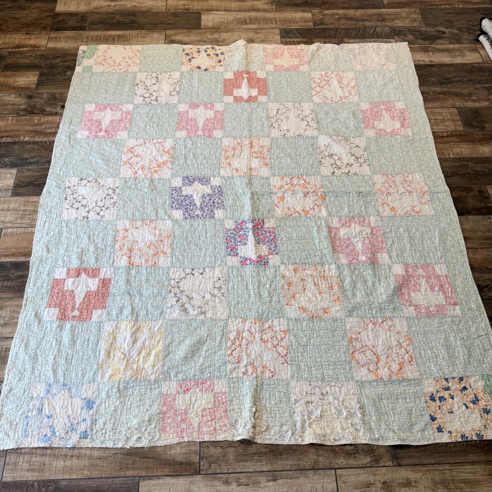 Vintage Handmade Cutter Quilt 66x76 Patchwork Floral Cotton Craft Damaged